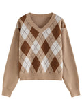Retro College Style Diamond V-neck Pullover Sweater